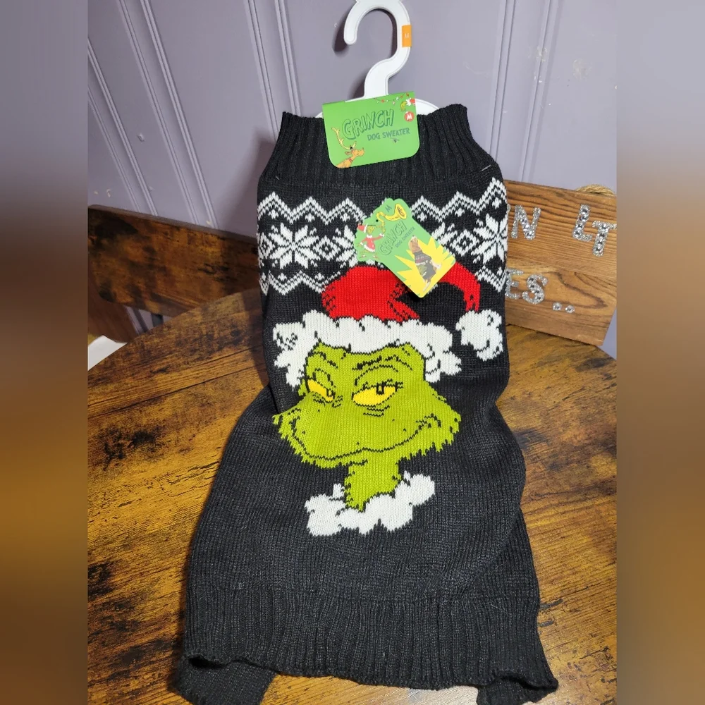 Dr. Suess Grinch Dog Sweater with Santa Hat black background